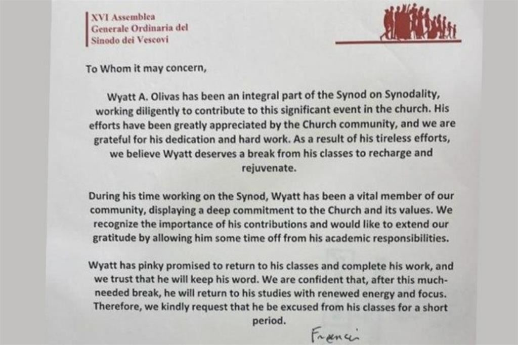 La giustificazione firmata dal Papa allo studente americano Wyatt Olivas