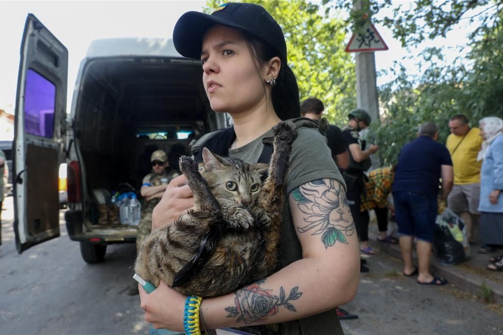 Una ragazza evacuata con il suo gatto - Ansa