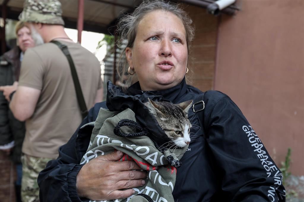 Una donna evacuata con il suo gatto