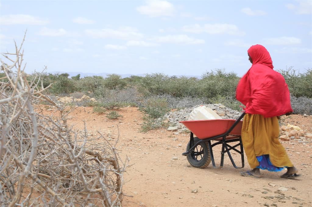 Un donna somala cammina verso un pozzo per prendere una tanica d'acqua
