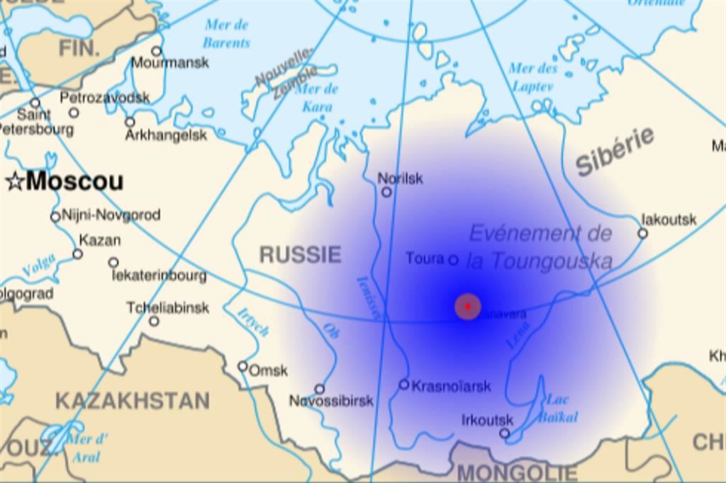 Il punto dell'impatto del meteorite di Tunguska, avvenuto nel 1908