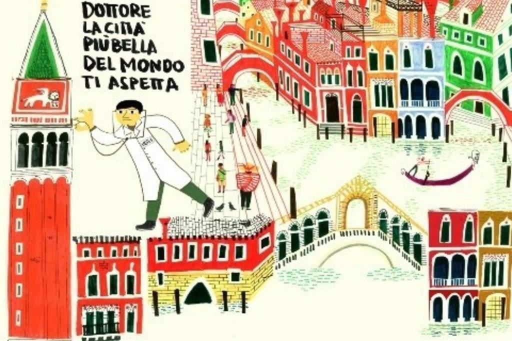 Un campanile di san Marco auscultato da un medico nella vignetta firmata dal disegnatore veneziano Lucio Schiavon per la campagna cerca medici della Laguna