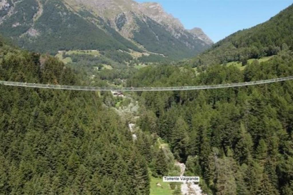 Il rendering del progetto di ponte tibetano “Passerella delle aquile” nella Val Grande a Vezza d’Oglio (Brescia)