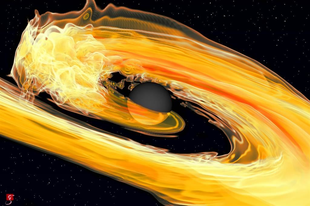 Rappresentazione della fusione di un buco nero con una stella di neutroni