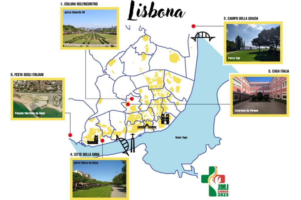 La mappa con i cinque luoghi principali degli eventi della Gmg di Lisbona