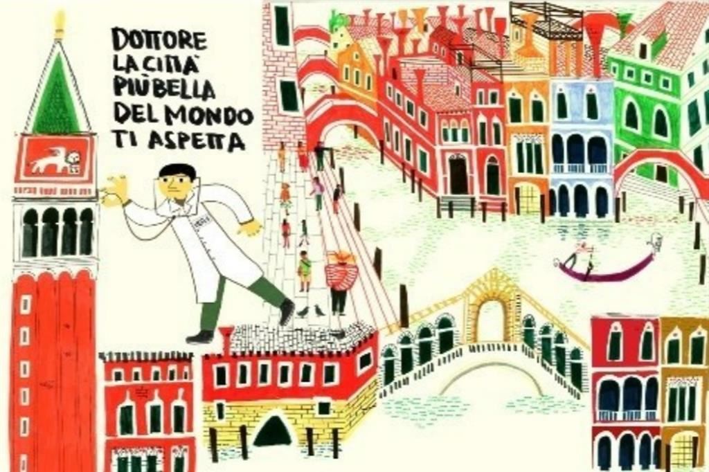 Il campanile di san Marco auscultato da un medico. La vignetta firmata dal disegnatore veneziano Lucio Schiavon per la campagna di ricerca dei medici per la Laguna