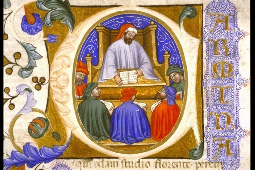 Boezio in cattedra nel capolettera dell'incipit del “De consolatione philosophiae” in un manoscritto del 1385