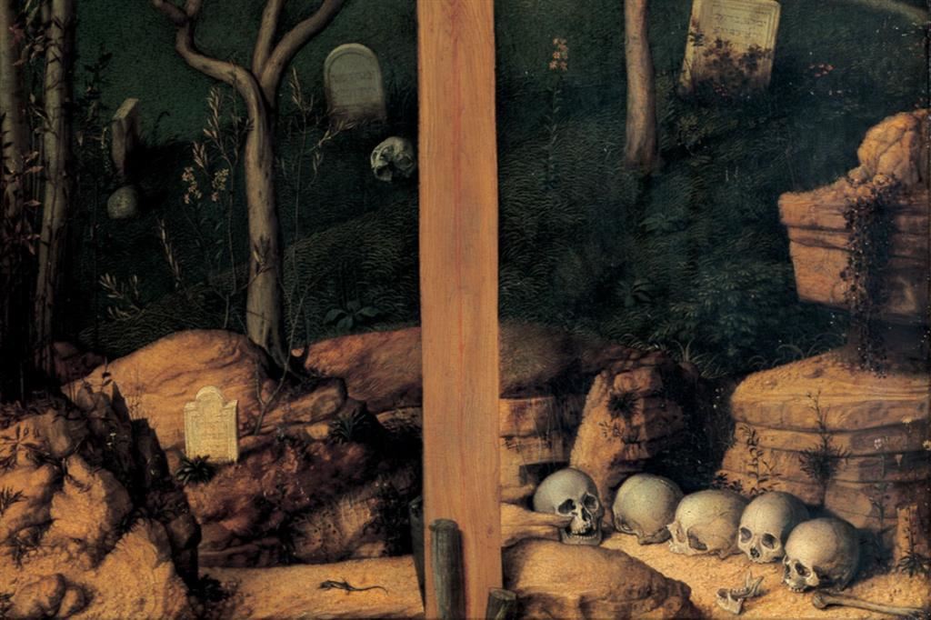Particolare del "Crocifisso" di Giovanni Bellini, ambientato in un cimitero ebraico