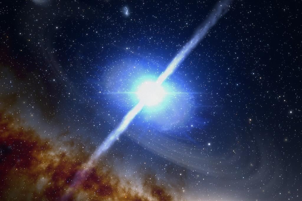 Illustrazione della fusione di due stelle di neutroni, con un'esplosione di raggi gamma