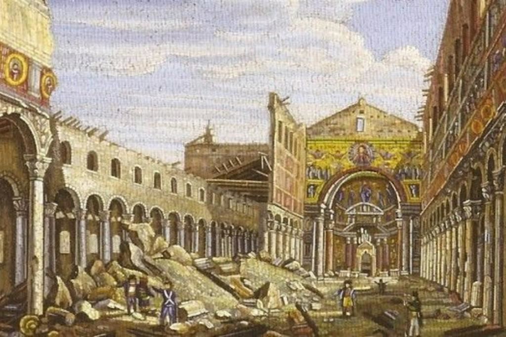 Un dipinto raffigura la distruzione provocata dall’incendio che scoppiò nella basilica di San Paolo la notte tra il 15 e il 16 luglio 1823