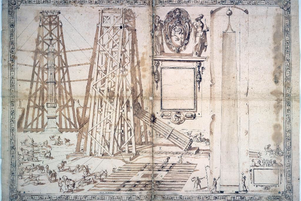 Giovanni Guerra, “Innalzamento e abbassamento dell’obelisco”, 1586