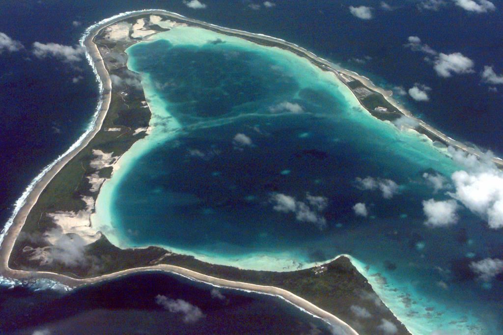 Veduta aerea dell'isola Diego Garcia, nell'arcipelago delle isole Chagos.