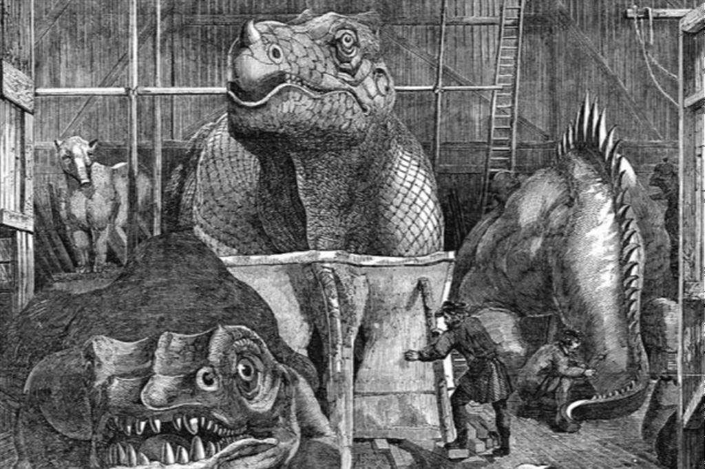 Lo studio di Benjamin Waterhouse Hawkins a Sydenham, dove ha realizzato i Dinosauri del Crystal Palace, un un’incisione dell’epoca