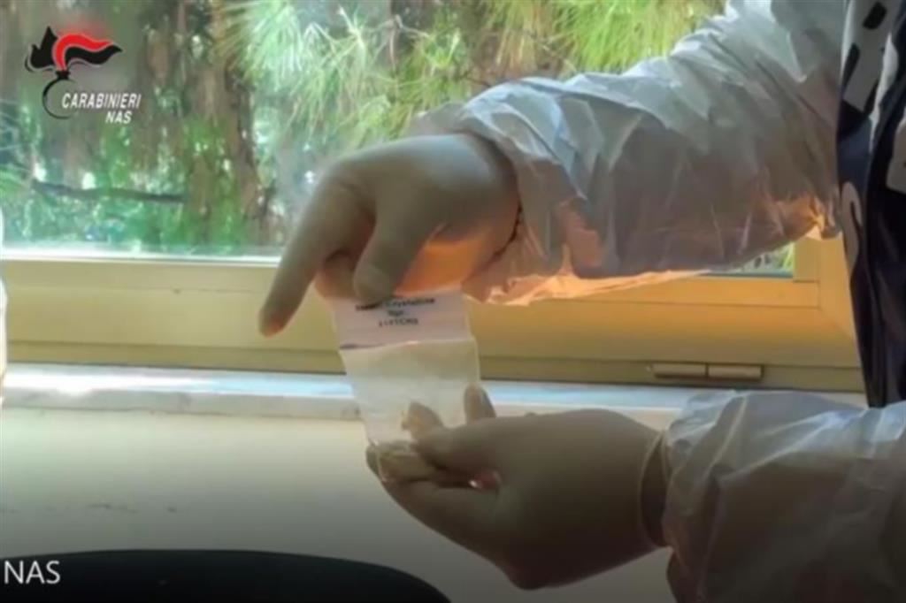 Un frame video dei carabinieri del Nas che hanno sequestrato nei mesi scorsi sostanze stupefacenti tra cui il Fentanyl, il Ghb, la droga dello stupro e altri principi farmacologici  acquistati sul “dark web”