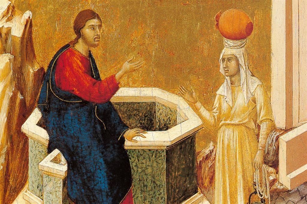 Duccio di Buoninsegna, “Gesù e la Samaritana al pozzo di Giacobbe”, retro della “Maestà”. Madrid, Museo Thyssen-Bornemisza