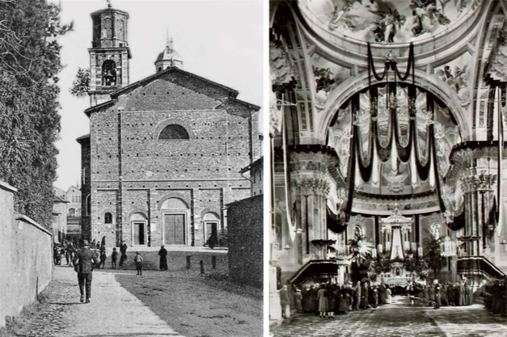 Olgiate Comasco: la facciata e l'interno della chiesa parrocchiale dei Santi Ippolito e Cassiano in due immagini d'epoca