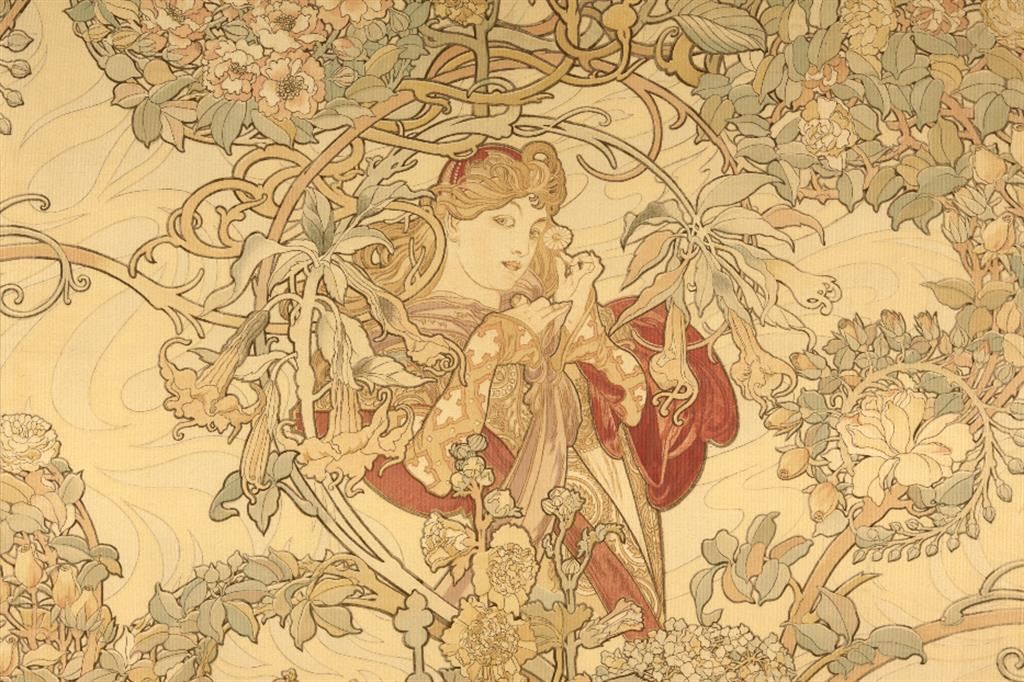 Alphonse Mucha, “Disegno tessile: Donna che tiene in mano una margherita”, 1900
