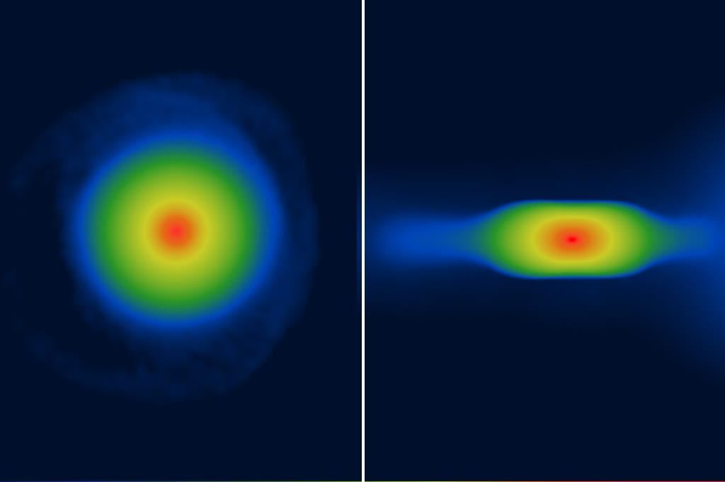 La simulazione della densità superficiale di protopianeti nello studio di Fenton e Stamatellos: a sinistra la vista frontale, a destra quella "laterale" da cui si evince la forma piatta