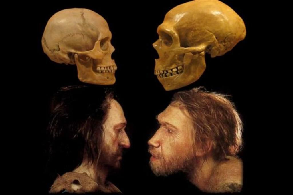 Un cranio e una ricostruzione facciale dei primi Sapiens (a sinistra) comparati con un Neanderthal (a destra)