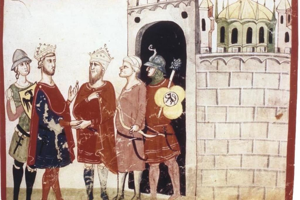 L'incontro tra Federico II e Al-Malik in una miniatura per la "Nova Cronica" di Giovanni Villani (1348)