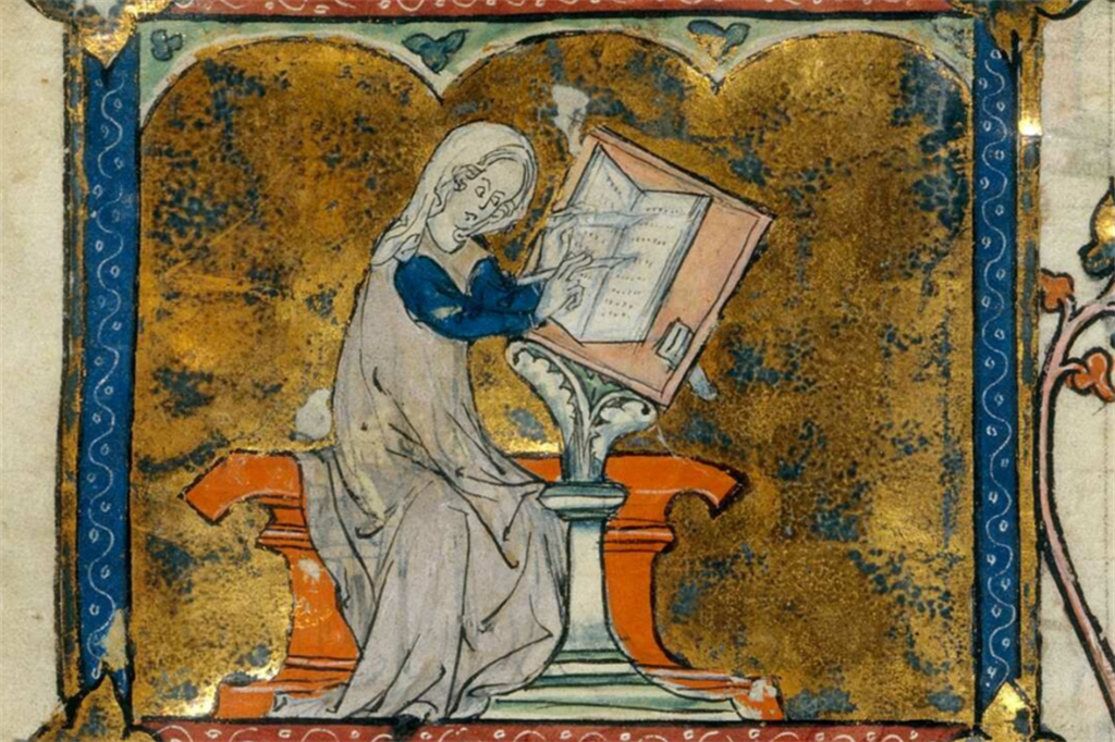 Maestro di Jean de Papeleu, “Maria di Francia” in un codice miniato con i testi della scrittrice, XIII secolo