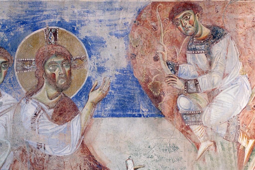 La chiamata di Zaccheo da parte di Gesù. Particolare di un affresco della Basilica di Sant'Angelo in Formis, Capua
